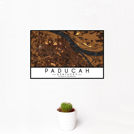 12x18 Paducah Kentucky Map Print Landscape Orientation in Ember Style With Small Cactus Plant in White Planter