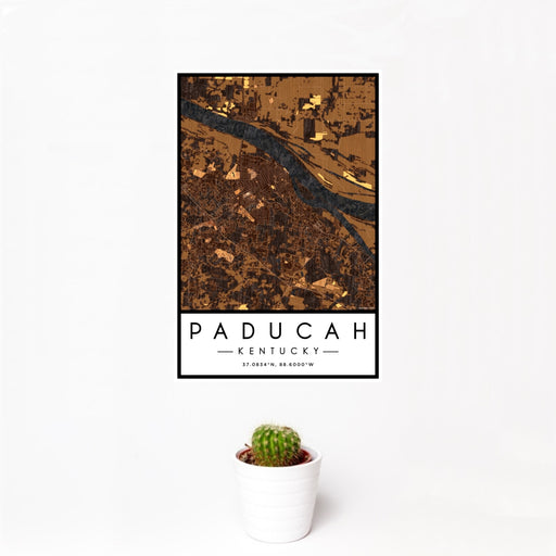 12x18 Paducah Kentucky Map Print Portrait Orientation in Ember Style With Small Cactus Plant in White Planter