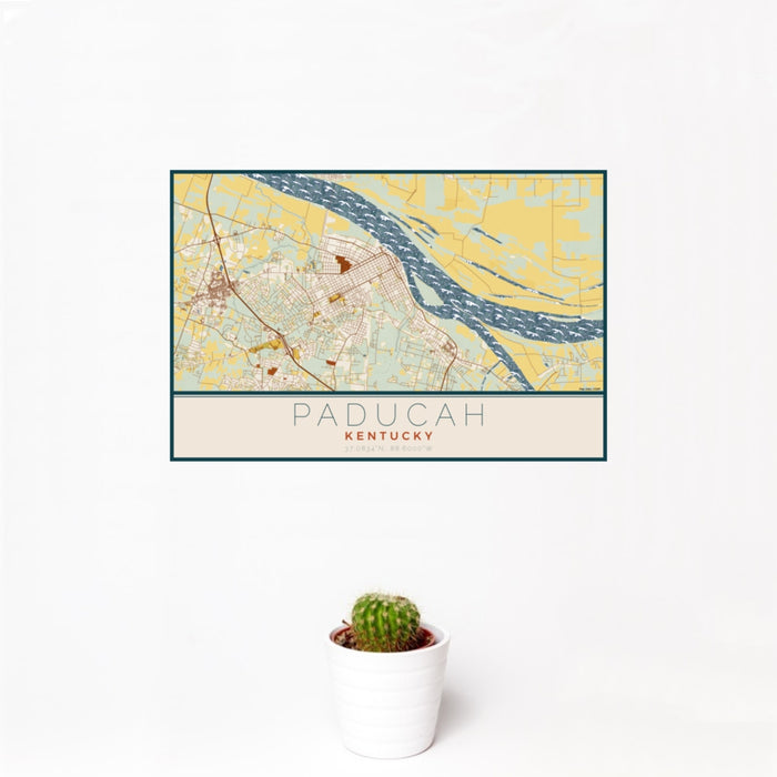 12x18 Paducah Kentucky Map Print Landscape Orientation in Woodblock Style With Small Cactus Plant in White Planter