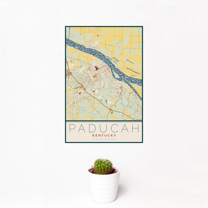 12x18 Paducah Kentucky Map Print Portrait Orientation in Woodblock Style With Small Cactus Plant in White Planter
