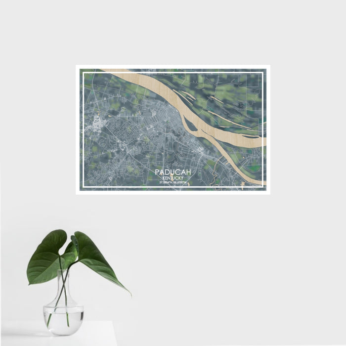16x24 Paducah Kentucky Map Print Landscape Orientation in Afternoon Style With Tropical Plant Leaves in Water