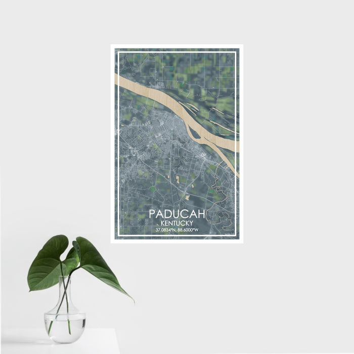 16x24 Paducah Kentucky Map Print Portrait Orientation in Afternoon Style With Tropical Plant Leaves in Water