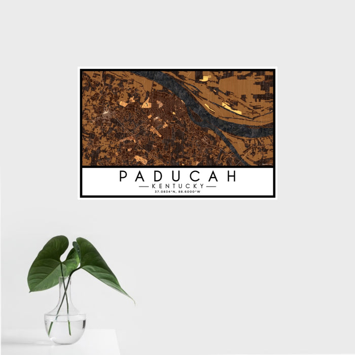 16x24 Paducah Kentucky Map Print Landscape Orientation in Ember Style With Tropical Plant Leaves in Water