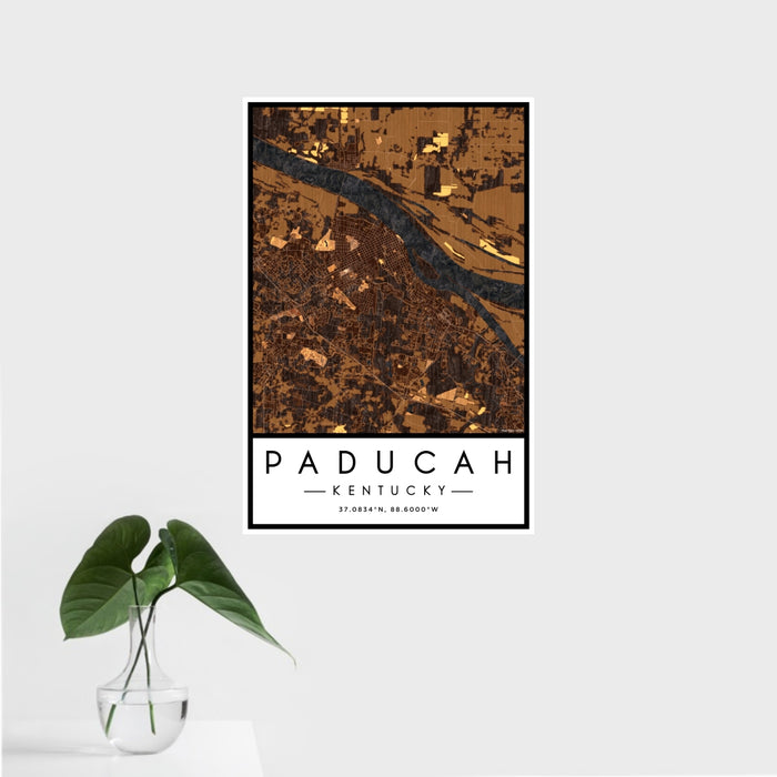 16x24 Paducah Kentucky Map Print Portrait Orientation in Ember Style With Tropical Plant Leaves in Water