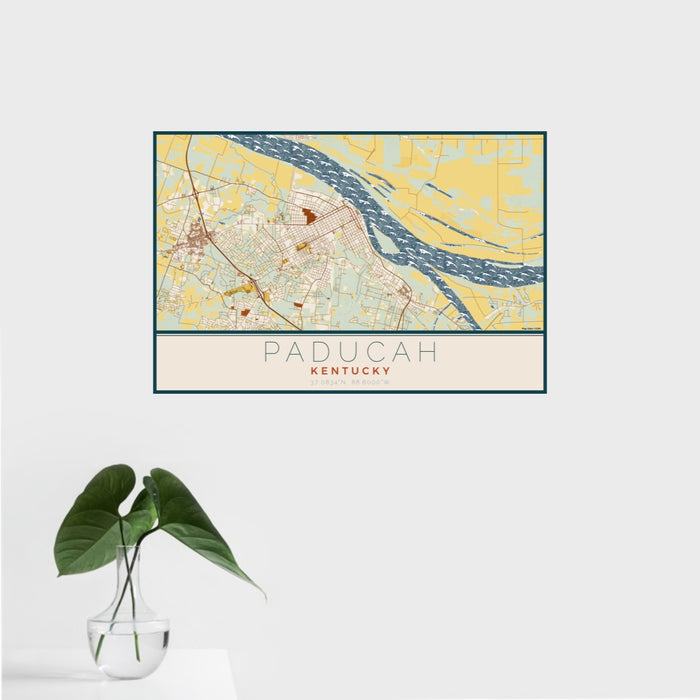 16x24 Paducah Kentucky Map Print Landscape Orientation in Woodblock Style With Tropical Plant Leaves in Water