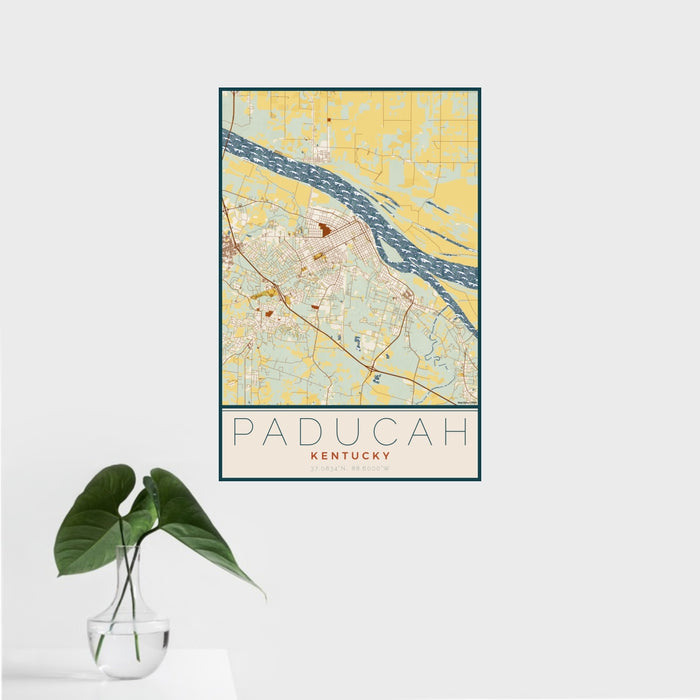 16x24 Paducah Kentucky Map Print Portrait Orientation in Woodblock Style With Tropical Plant Leaves in Water