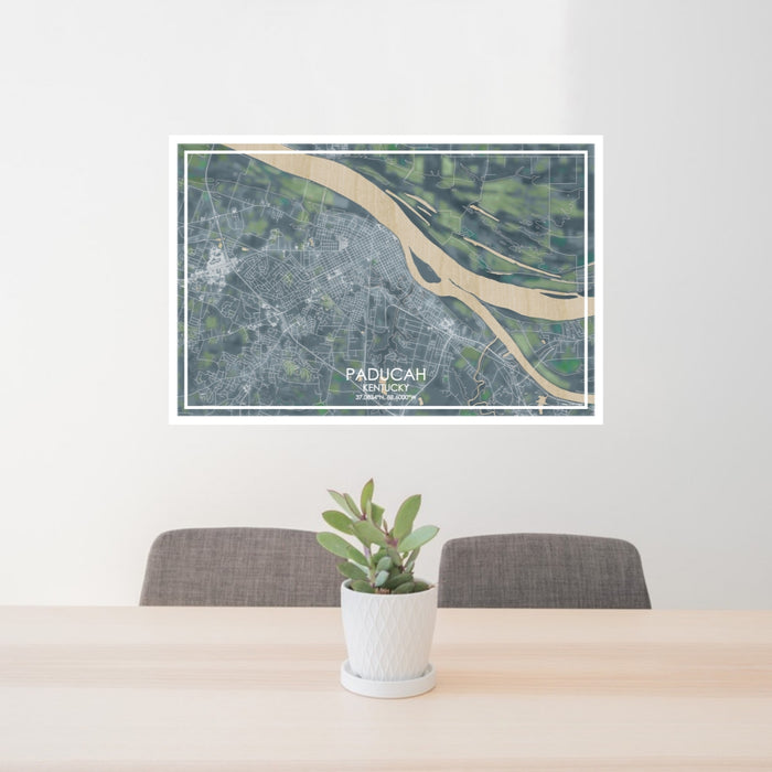 24x36 Paducah Kentucky Map Print Lanscape Orientation in Afternoon Style Behind 2 Chairs Table and Potted Plant