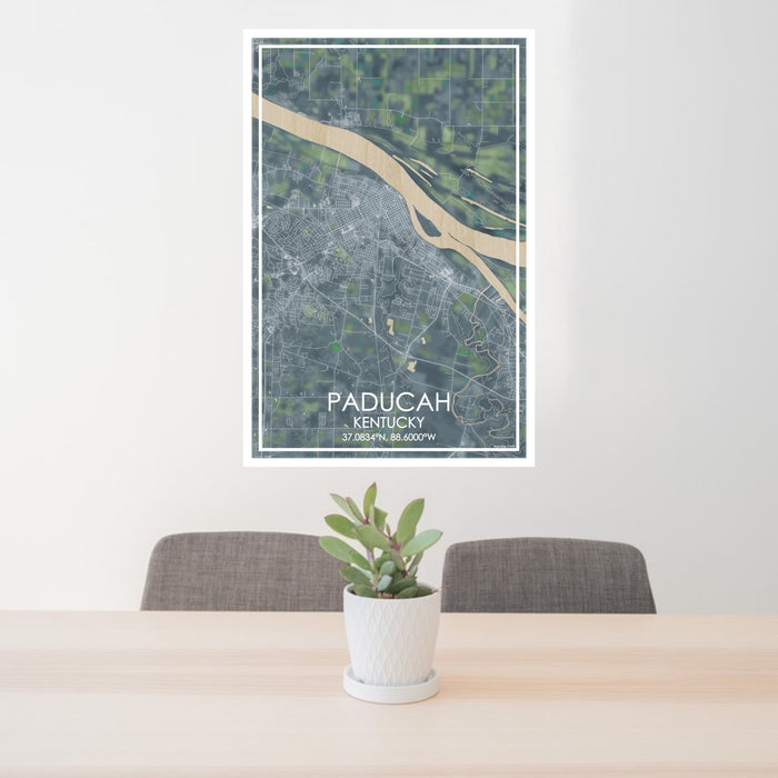 24x36 Paducah Kentucky Map Print Portrait Orientation in Afternoon Style Behind 2 Chairs Table and Potted Plant