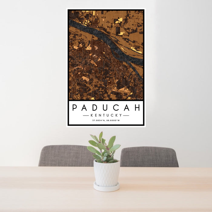 24x36 Paducah Kentucky Map Print Portrait Orientation in Ember Style Behind 2 Chairs Table and Potted Plant