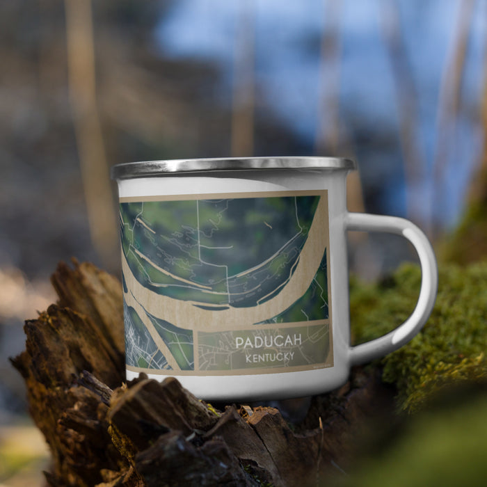 Right View Custom Paducah Kentucky Map Enamel Mug in Afternoon on Grass With Trees in Background