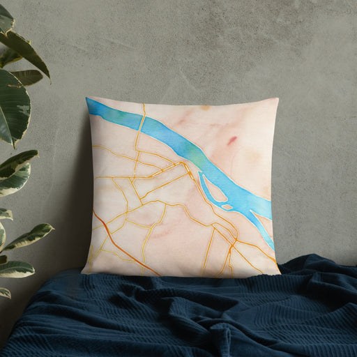 Custom Paducah Kentucky Map Throw Pillow in Watercolor on Bedding Against Wall