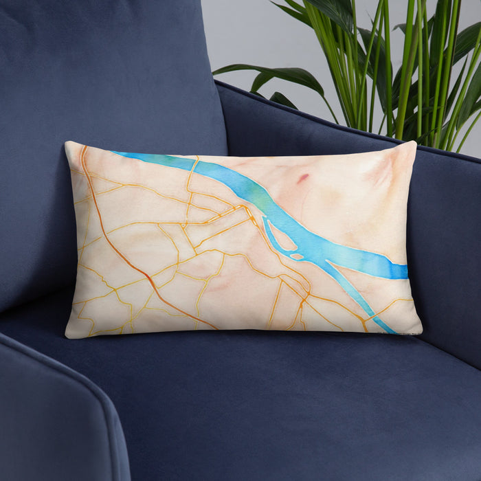 Custom Paducah Kentucky Map Throw Pillow in Watercolor on Blue Colored Chair