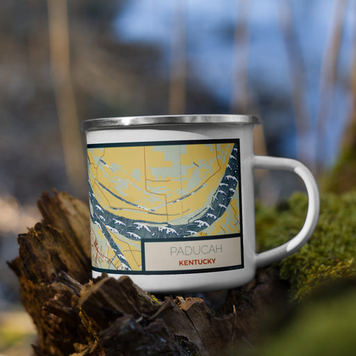 Right View Custom Paducah Kentucky Map Enamel Mug in Woodblock on Grass With Trees in Background
