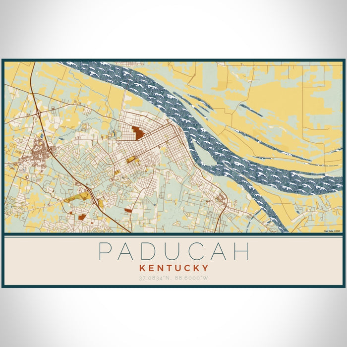 Paducah Kentucky Map Print Landscape Orientation in Woodblock Style With Shaded Background