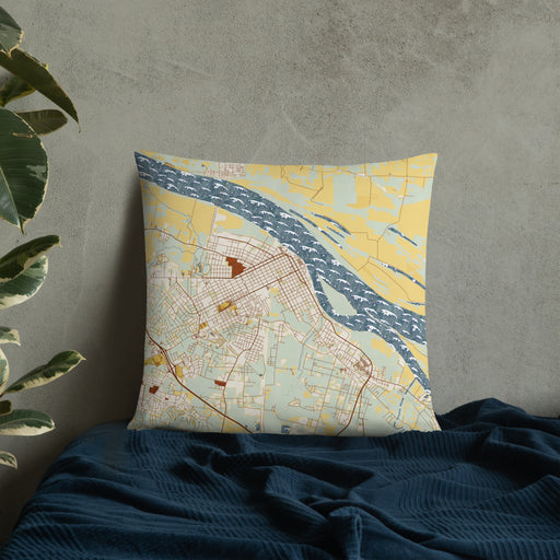 Custom Paducah Kentucky Map Throw Pillow in Woodblock on Bedding Against Wall
