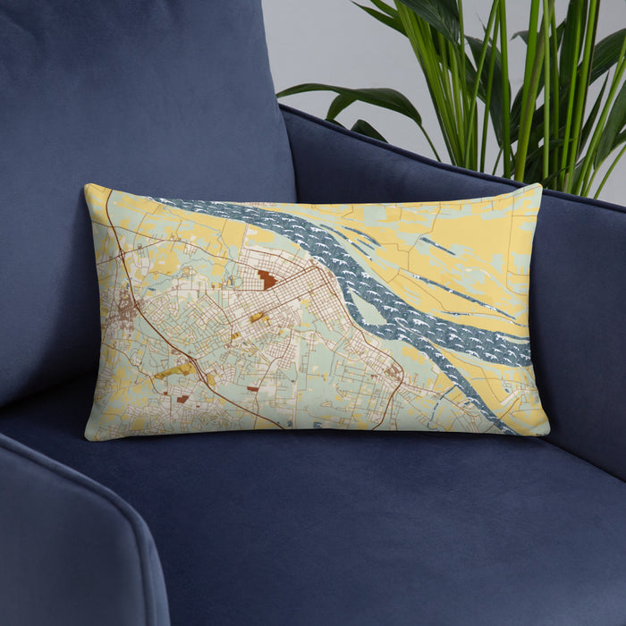 Custom Paducah Kentucky Map Throw Pillow in Woodblock on Blue Colored Chair