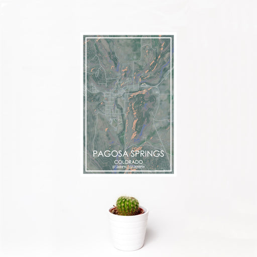 12x18 Pagosa Springs Colorado Map Print Portrait Orientation in Afternoon Style With Small Cactus Plant in White Planter