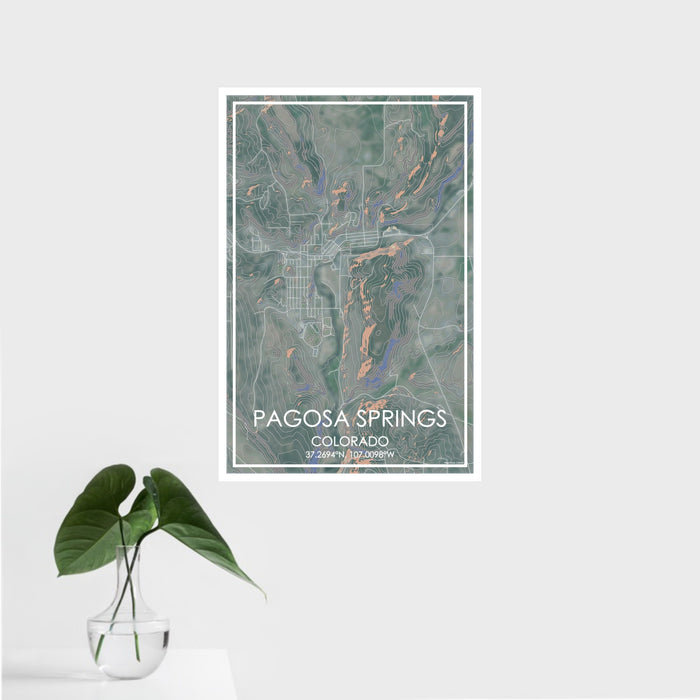 16x24 Pagosa Springs Colorado Map Print Portrait Orientation in Afternoon Style With Tropical Plant Leaves in Water