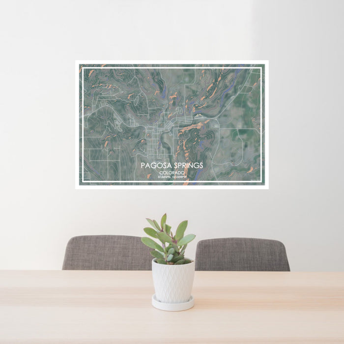 24x36 Pagosa Springs Colorado Map Print Lanscape Orientation in Afternoon Style Behind 2 Chairs Table and Potted Plant