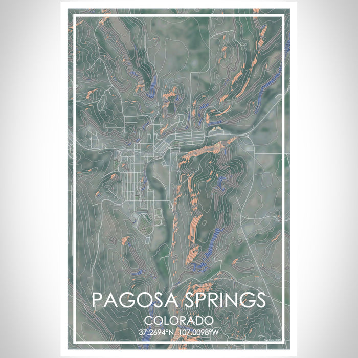 Pagosa Springs Colorado Map Print Portrait Orientation in Afternoon Style With Shaded Background