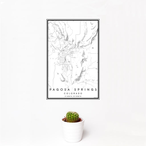 12x18 Pagosa Springs Colorado Map Print Portrait Orientation in Classic Style With Small Cactus Plant in White Planter