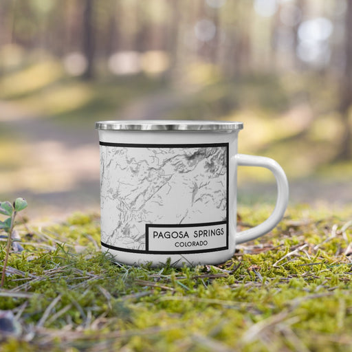 Right View Custom Pagosa Springs Colorado Map Enamel Mug in Classic on Grass With Trees in Background