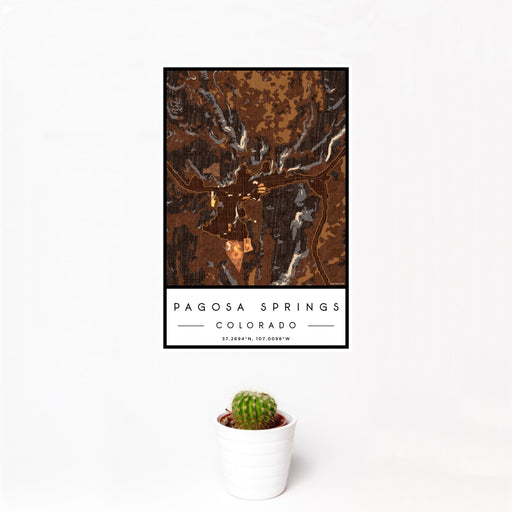 12x18 Pagosa Springs Colorado Map Print Portrait Orientation in Ember Style With Small Cactus Plant in White Planter