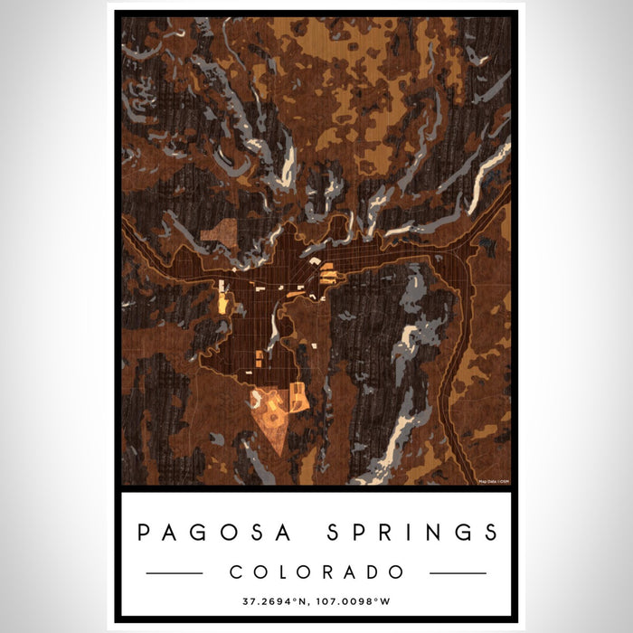 Pagosa Springs Colorado Map Print Portrait Orientation in Ember Style With Shaded Background