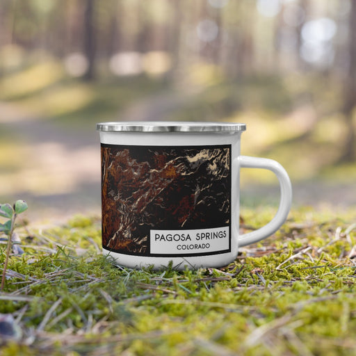 Right View Custom Pagosa Springs Colorado Map Enamel Mug in Ember on Grass With Trees in Background