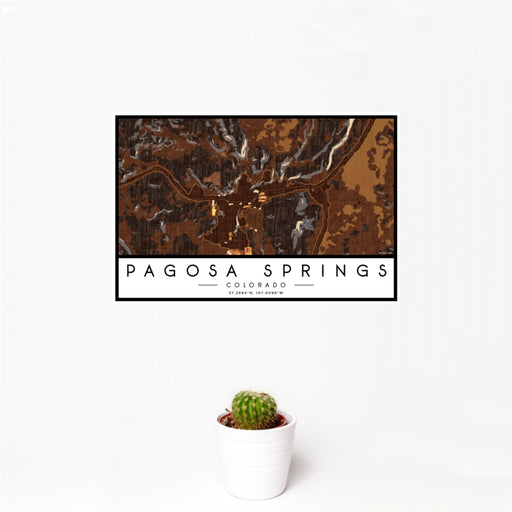 12x18 Pagosa Springs Colorado Map Print Landscape Orientation in Ember Style With Small Cactus Plant in White Planter