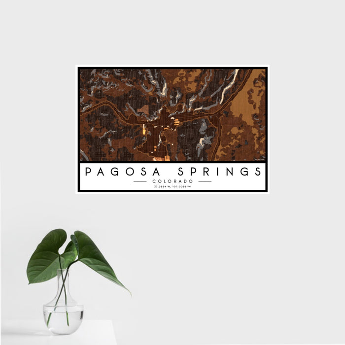 16x24 Pagosa Springs Colorado Map Print Landscape Orientation in Ember Style With Tropical Plant Leaves in Water