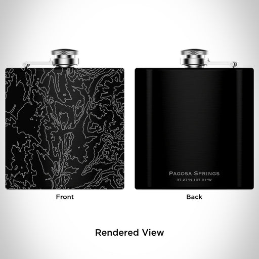 Rendered View of Pagosa Springs Colorado Map Engraving on 6oz Stainless Steel Flask in Black
