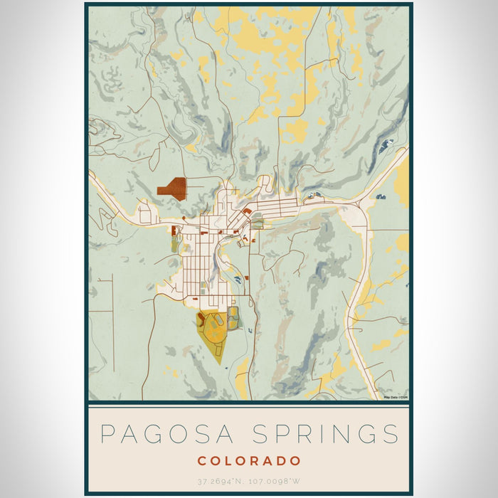 Pagosa Springs Colorado Map Print Portrait Orientation in Woodblock Style With Shaded Background