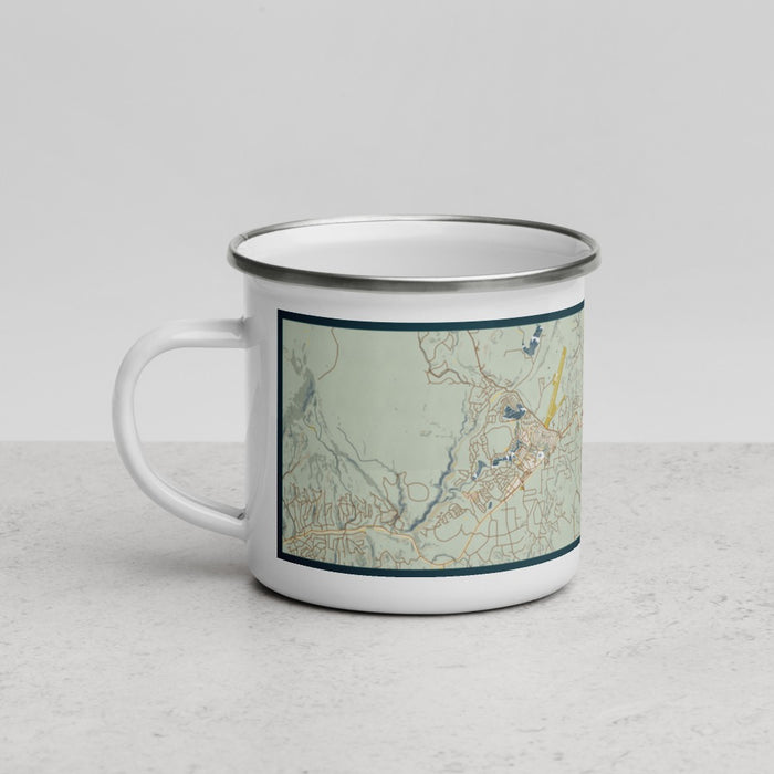 Left View Custom Pagosa Springs Colorado Map Enamel Mug in Woodblock