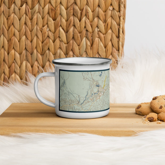 Left View Custom Pagosa Springs Colorado Map Enamel Mug in Woodblock on Table Top