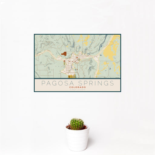 12x18 Pagosa Springs Colorado Map Print Landscape Orientation in Woodblock Style With Small Cactus Plant in White Planter