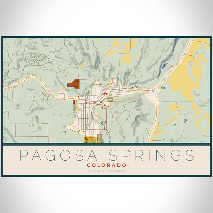 Pagosa Springs Colorado Map Print Landscape Orientation in Woodblock Style With Shaded Background