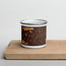 Front View Custom Palatine Illinois Map Enamel Mug in Ember on Cutting Board
