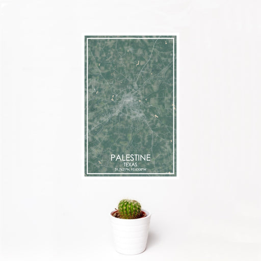 12x18 Palestine Texas Map Print Portrait Orientation in Afternoon Style With Small Cactus Plant in White Planter