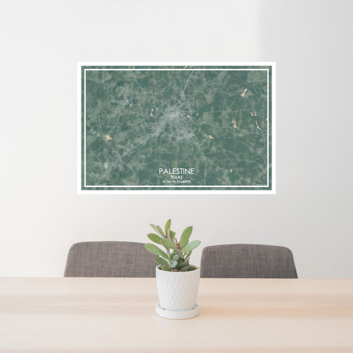 24x36 Palestine Texas Map Print Lanscape Orientation in Afternoon Style Behind 2 Chairs Table and Potted Plant