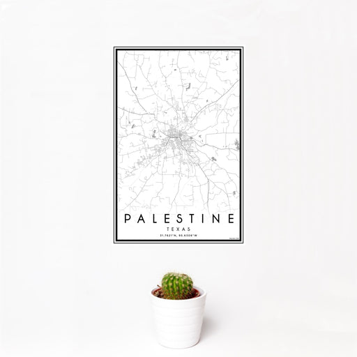 12x18 Palestine Texas Map Print Portrait Orientation in Classic Style With Small Cactus Plant in White Planter