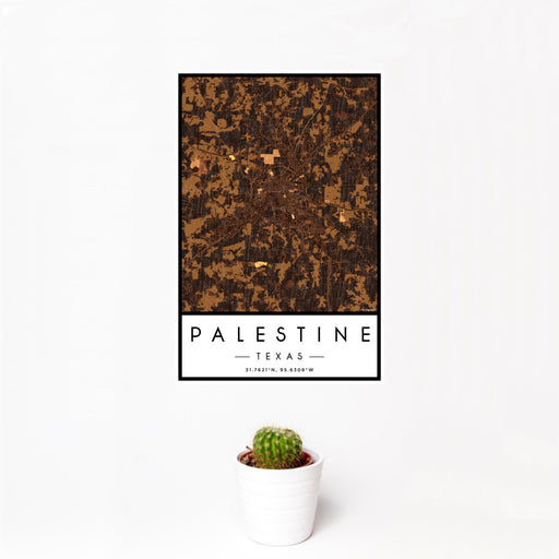 12x18 Palestine Texas Map Print Portrait Orientation in Ember Style With Small Cactus Plant in White Planter
