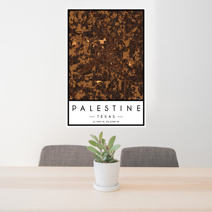 24x36 Palestine Texas Map Print Portrait Orientation in Ember Style Behind 2 Chairs Table and Potted Plant