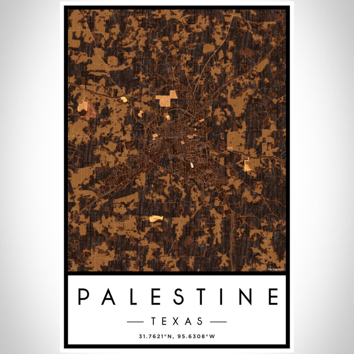Palestine Texas Map Print Portrait Orientation in Ember Style With Shaded Background