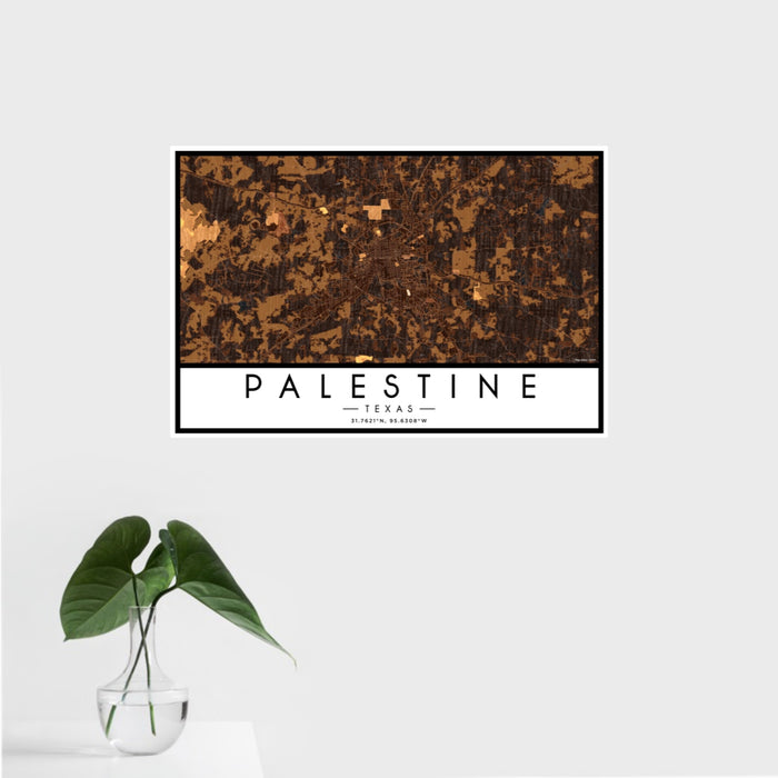 16x24 Palestine Texas Map Print Landscape Orientation in Ember Style With Tropical Plant Leaves in Water