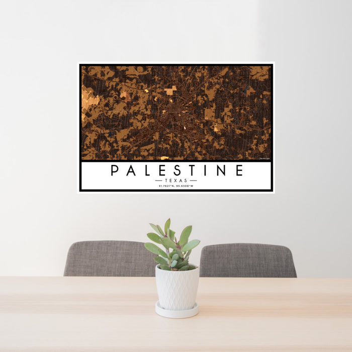 24x36 Palestine Texas Map Print Landscape Orientation in Ember Style Behind 2 Chairs Table and Potted Plant