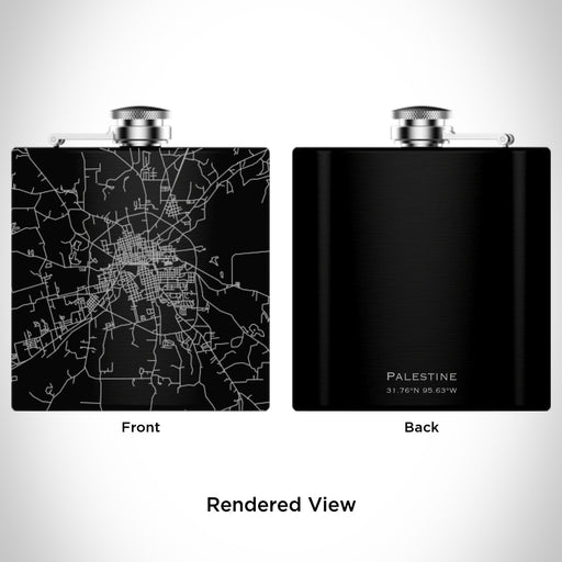 Rendered View of Palestine Texas Map Engraving on 6oz Stainless Steel Flask in Black