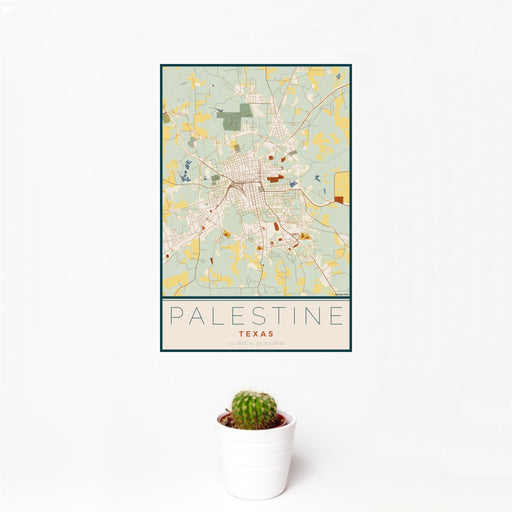 12x18 Palestine Texas Map Print Portrait Orientation in Woodblock Style With Small Cactus Plant in White Planter