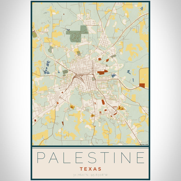 Palestine Texas Map Print Portrait Orientation in Woodblock Style With Shaded Background
