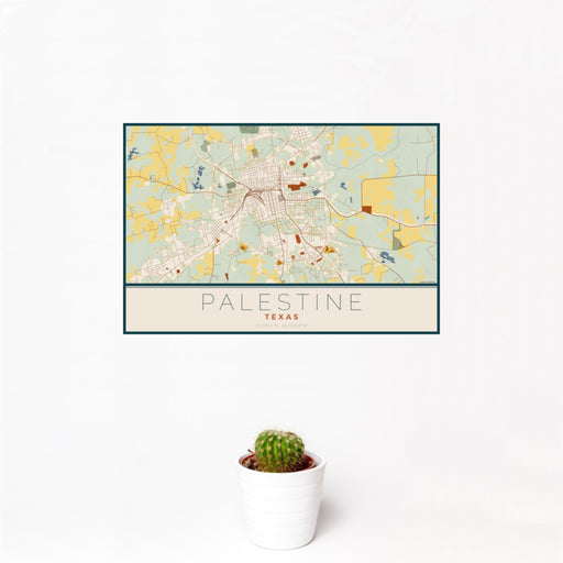 12x18 Palestine Texas Map Print Landscape Orientation in Woodblock Style With Small Cactus Plant in White Planter